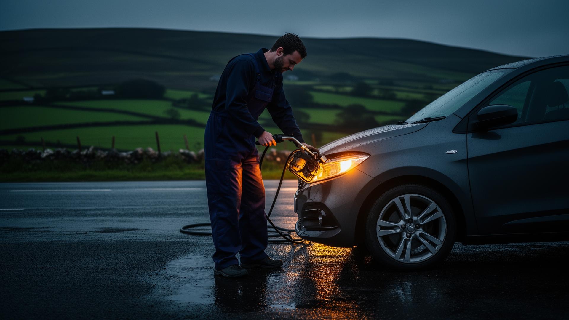 Mechanic draining misfuelled car at roadside in Ireland